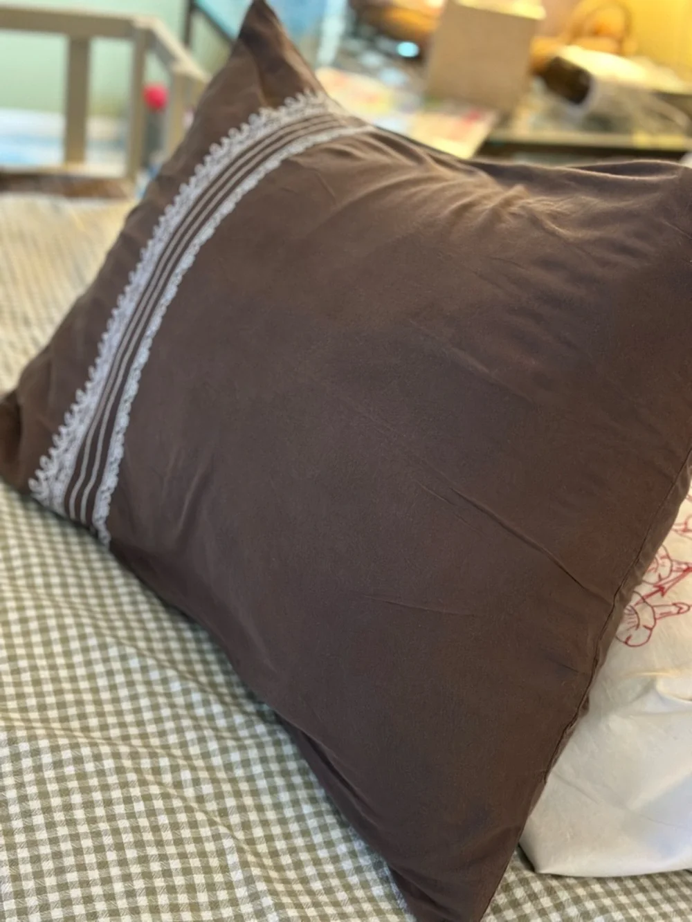 West Elm Embroidered Brown Pillow Sham Pair with White Stitching Trim